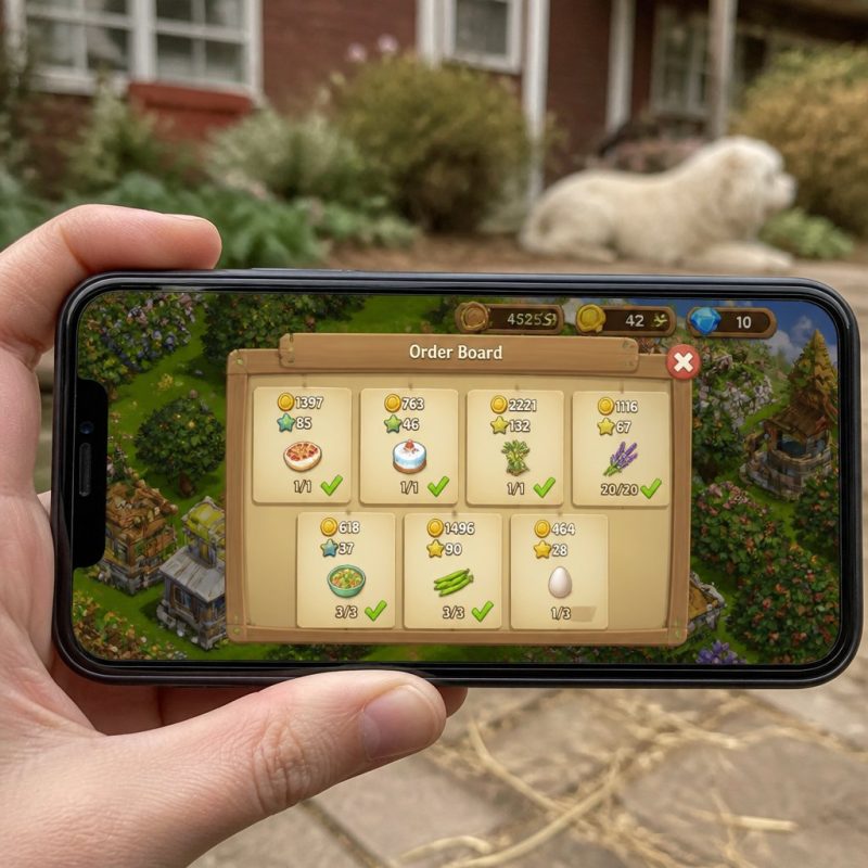 FarmVille 2 Country Escape Order Board showing multiple acti