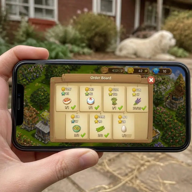 FarmVille 2 Country Escape Order Board showing multiple acti