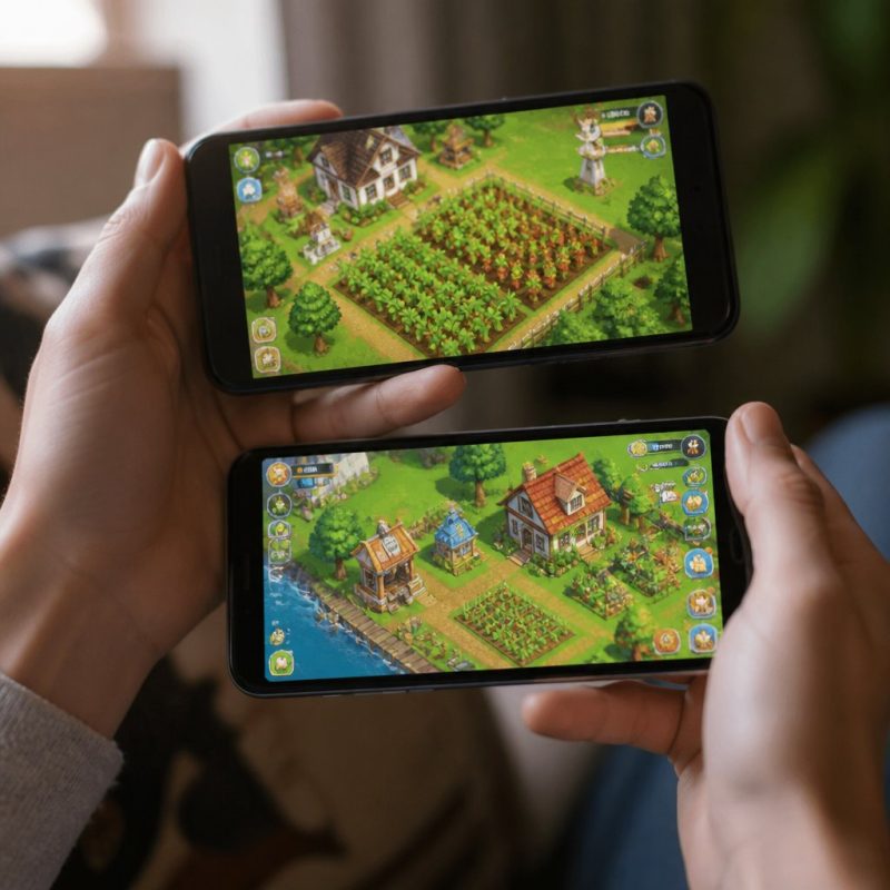 side-by-side comparison of FarmVille 2 and FarmVille 3 farm