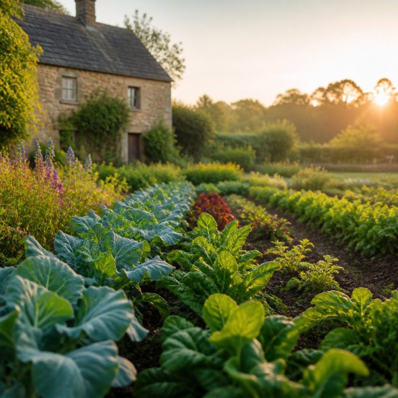 a lush Fields of Mistria farm at sunrise with rows of colorf