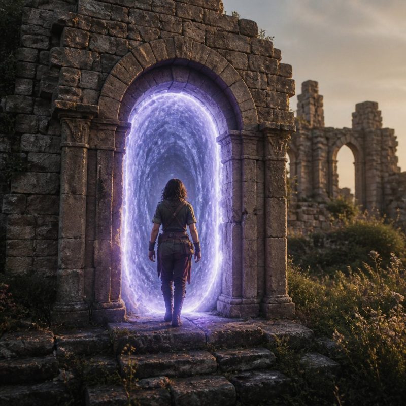 player character entering the glowing portal to the Fields o