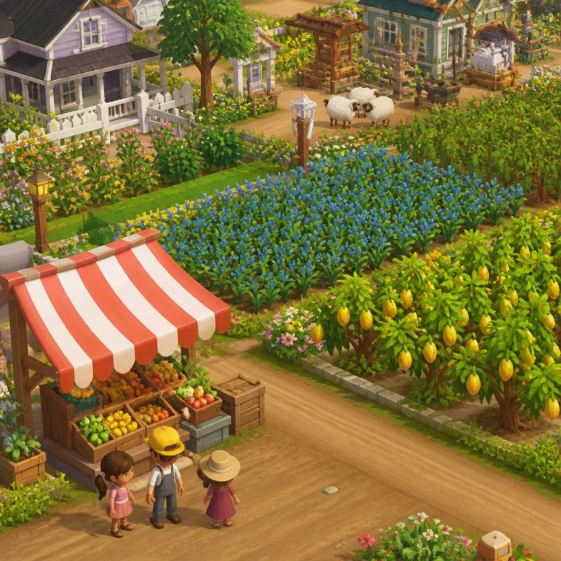 Hay Day farm at Level 35 with cacao and indigo plots highlig
