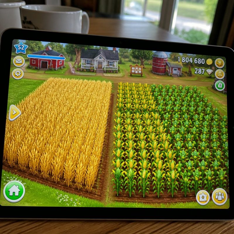 side-by-side comparison of a Hay Day farm planted entirely w