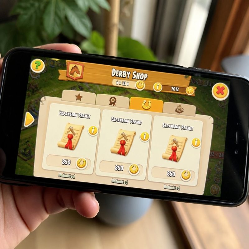 Hay Day derby shop screen showing horseshoe currency balance