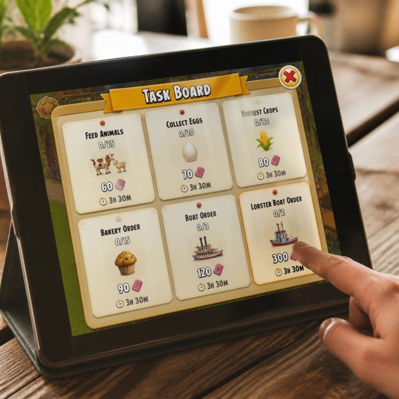 Hay Day task selection screen showing six task cards with po