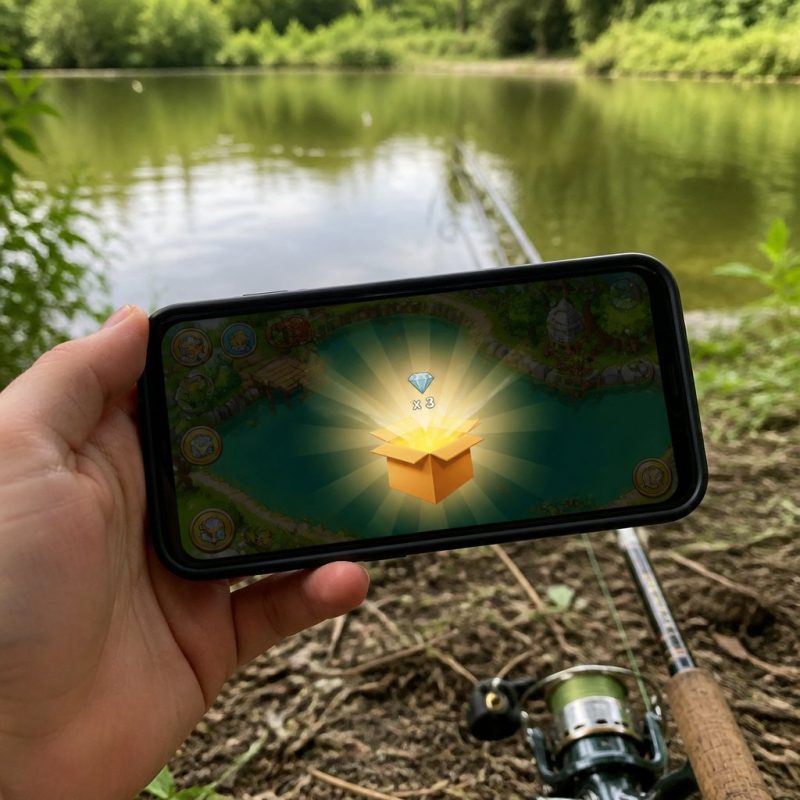Hay Day fishing lake scene with a mystery box reward popup s