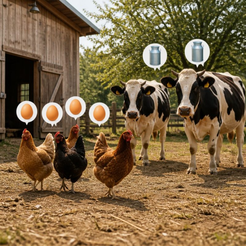 four well-fed chickens and two cows in a clean Hay Day barn