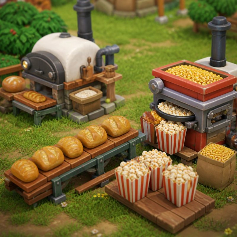 Hay Day production machines lined up processing wheat into b