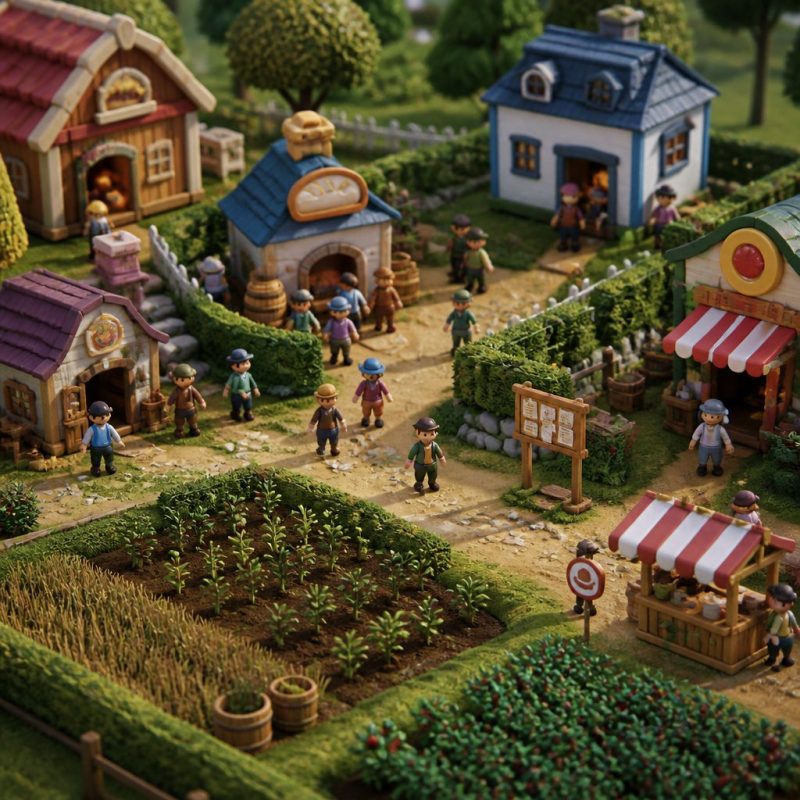 Hay Day town overview showing seven different buildings unlo