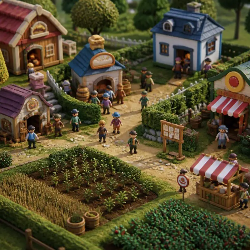 Hay Day town overview showing seven different buildings unlo