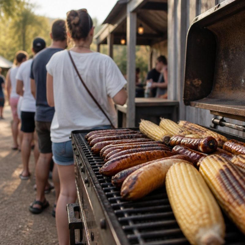 Close-up of Hay Day BBQ Grill building with a queue of visit