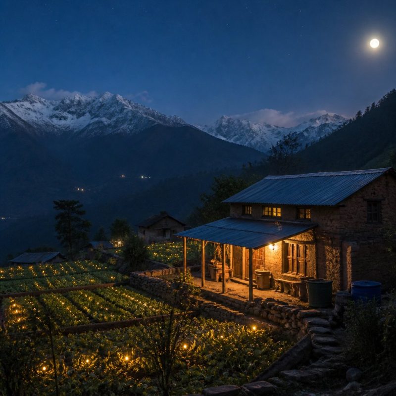 moonlit mountain village with glowing crops