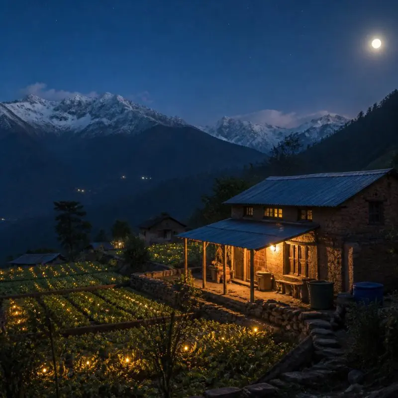 moonlit mountain village with glowing crops