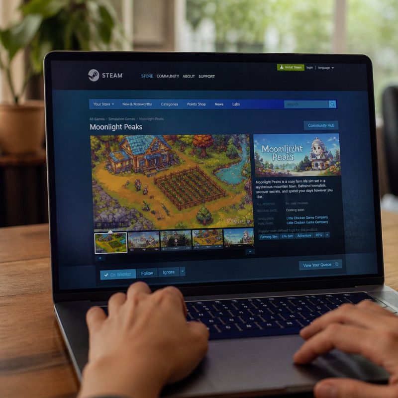 Moonlight Peaks wishlist screen on Steam with farm game artw
