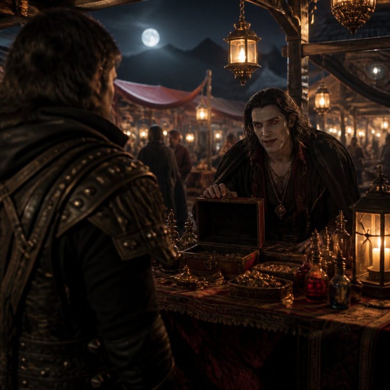 player character standing at a night market stall with a vam