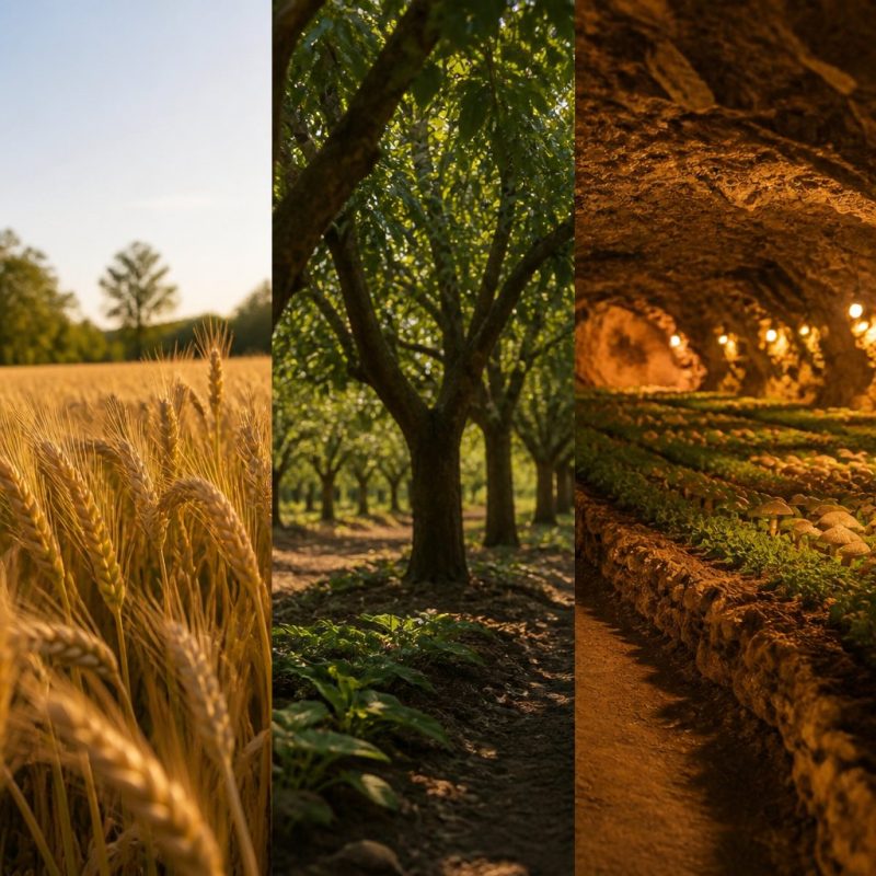 side-by-side farm zones showing sunlit field