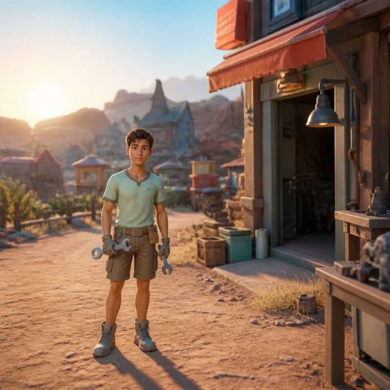 player character standing outside a dusty sandrock workshop