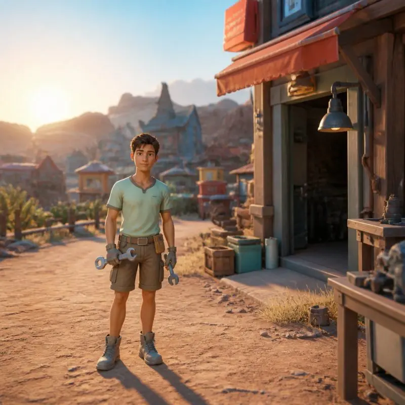 player character standing outside a dusty sandrock workshop