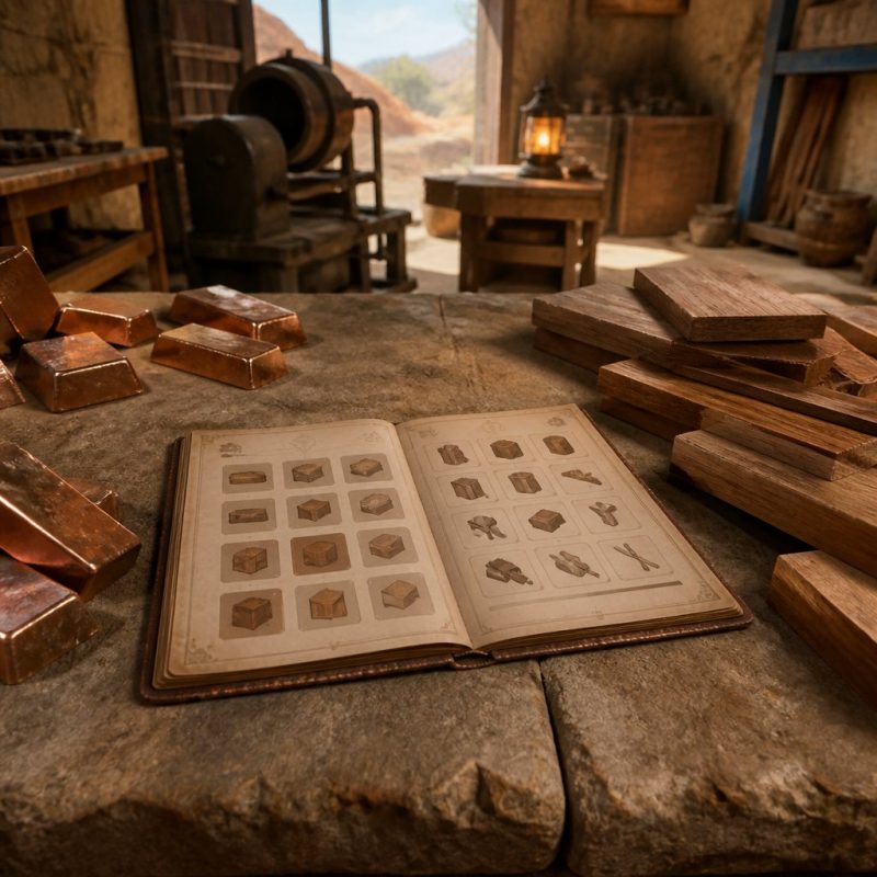 crafting menu open at a stone worktable with copper bars and