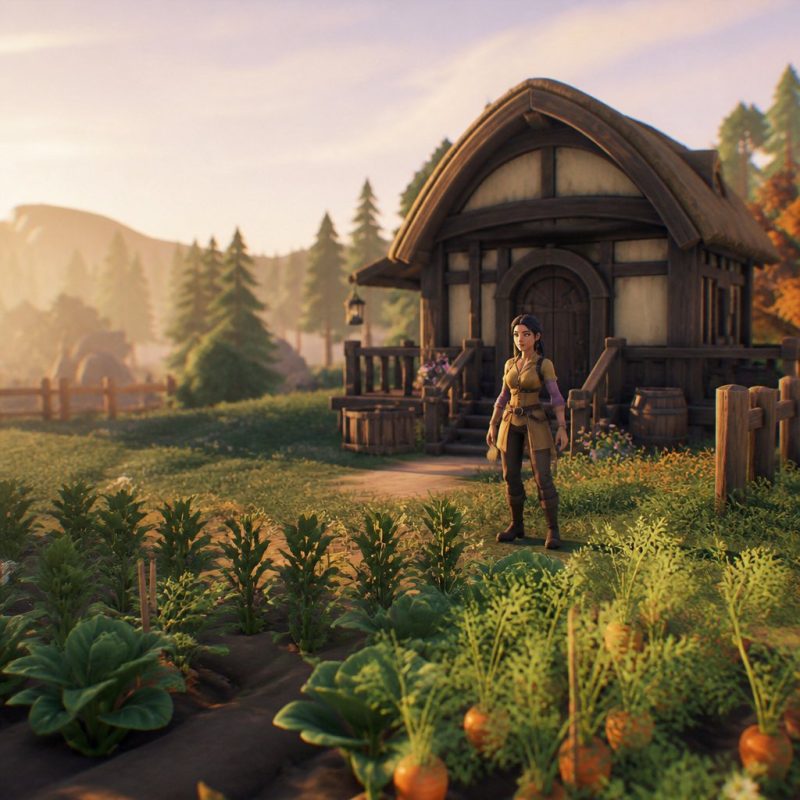 Palia player character standing outside their starter home a