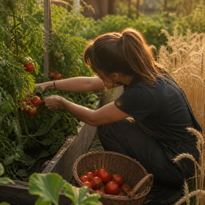 Palia gardening plot filled with ripe tomatoes and wheat