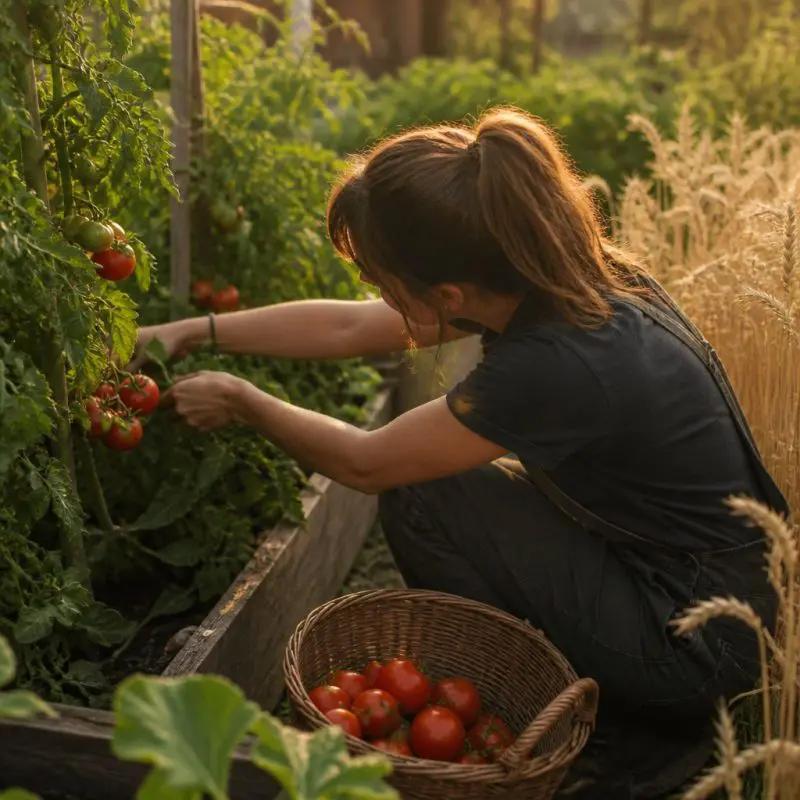 Palia gardening plot filled with ripe tomatoes and wheat