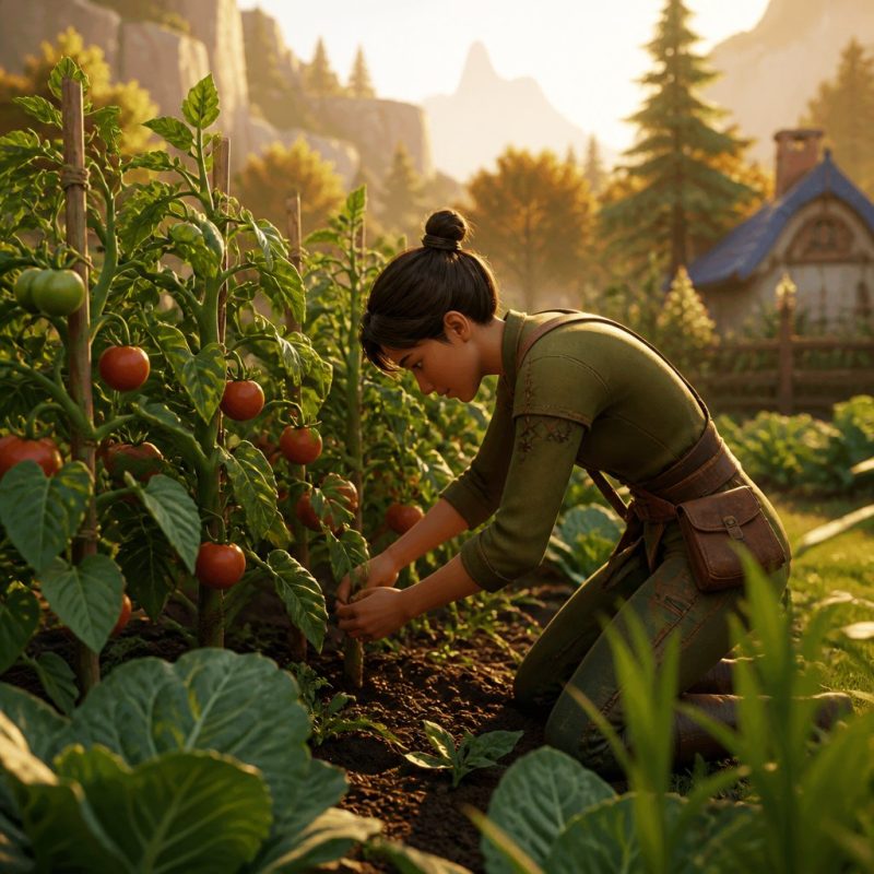 Palia player character tending a vegetable garden plot in Ki