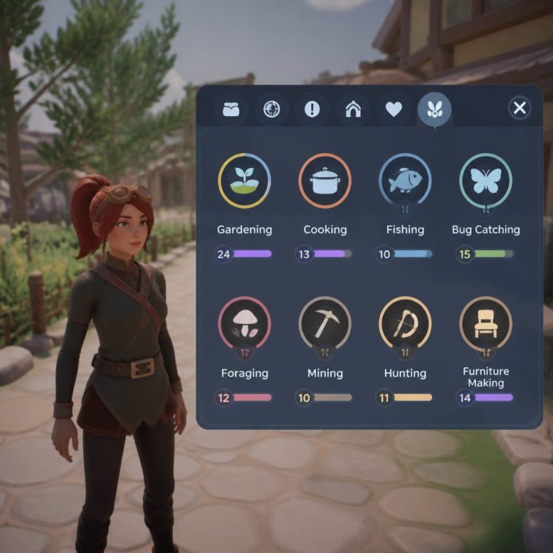 Palia character standing at skill menu screen outdoors in Ki