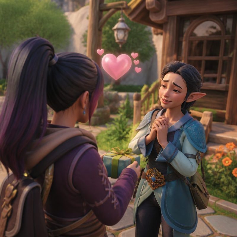 Palia player gifting an item to Jina NPC near the library in