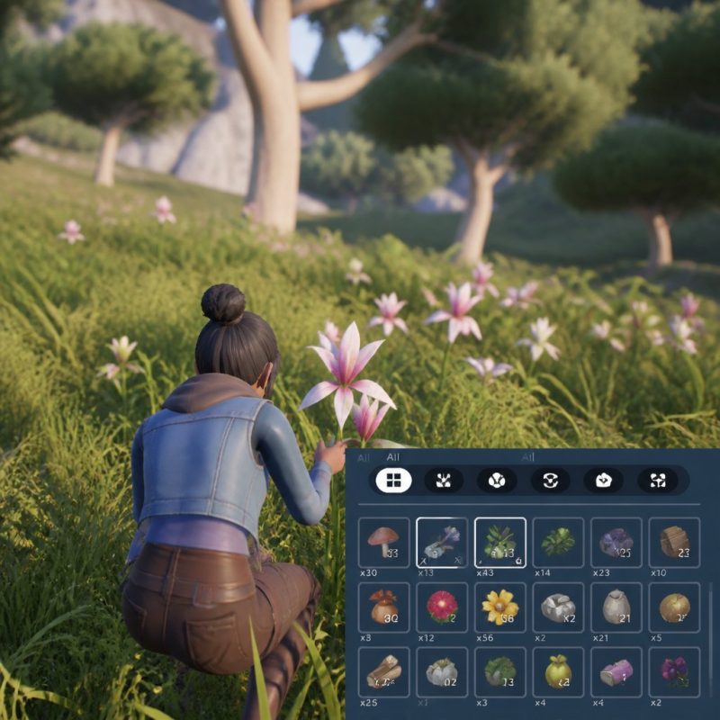 Palia player character collecting Heartdrop Lily flowers in