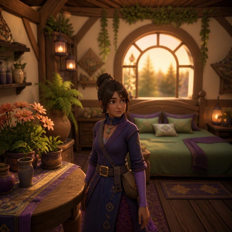 Palia player character standing in their cozy decorated hous