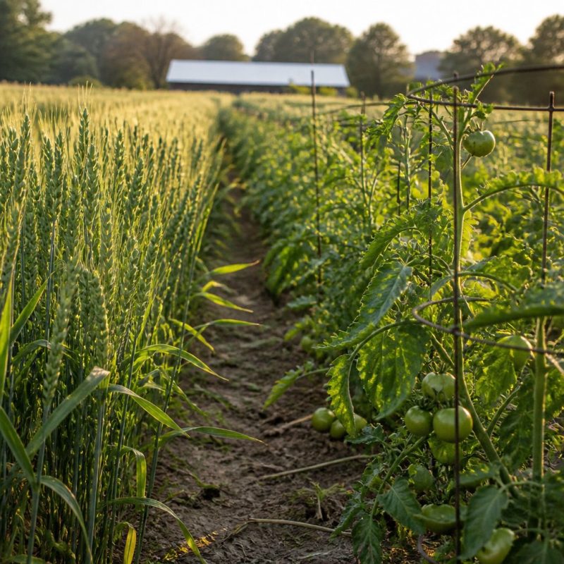 sun haven farm in spring season with wheat and tomato crops