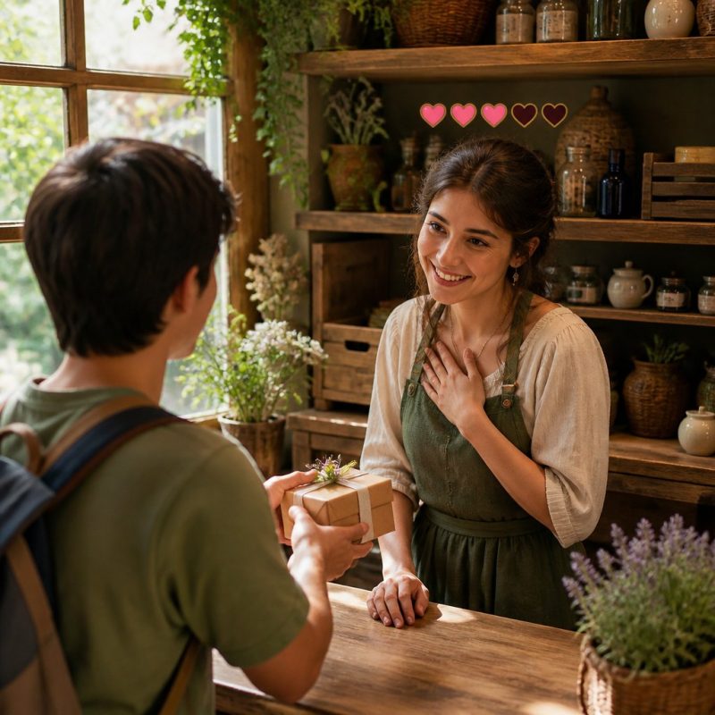 sun haven player gifting an NPC named Sophia inside her shop