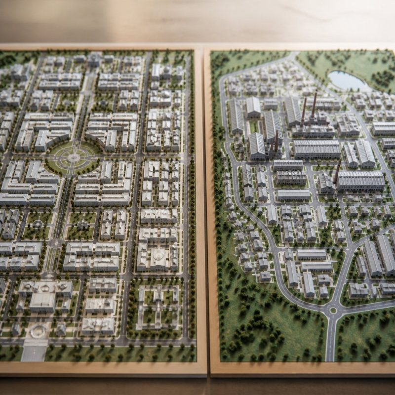 side-by-side comparison of a symmetrical Township town versu