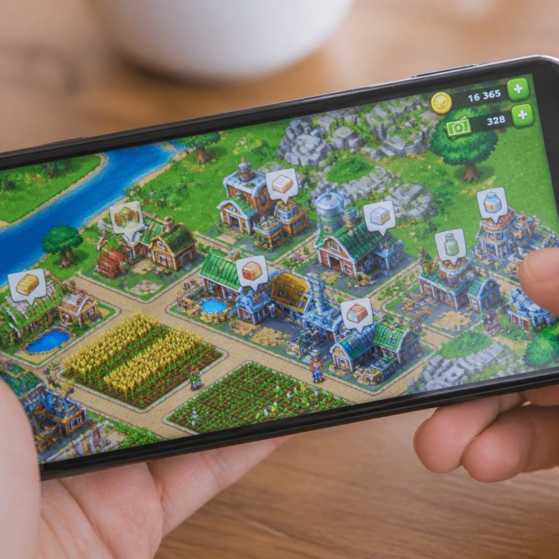 Township mobile game screen showing a busy farm with factori