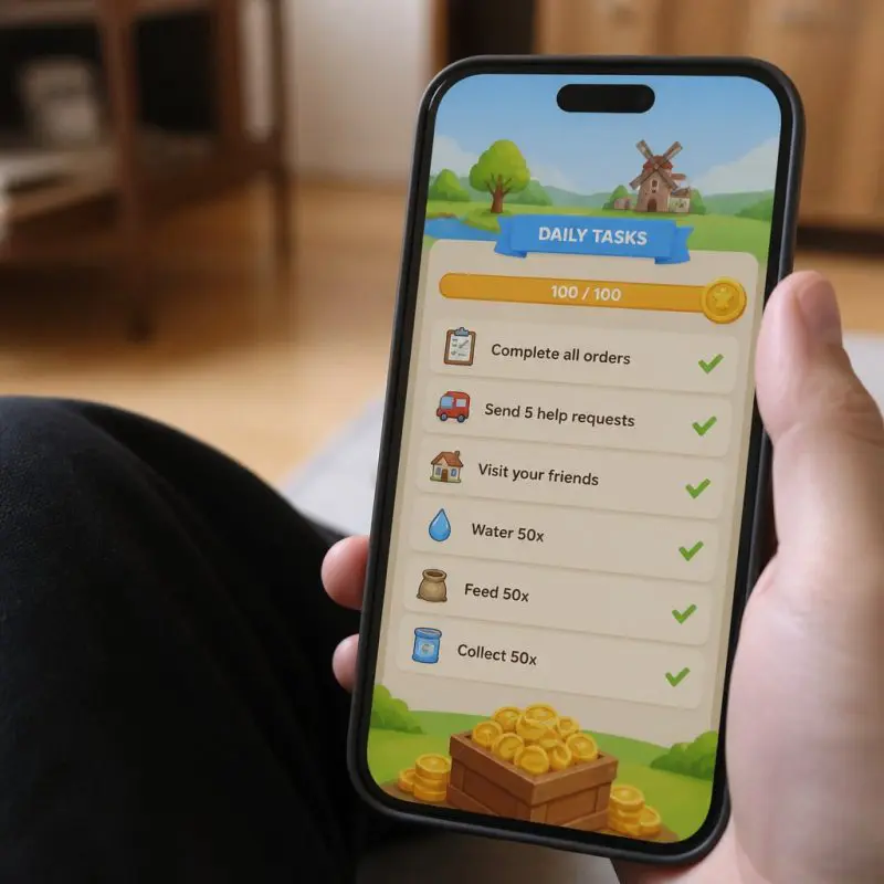 Township daily task checklist screen showing completed tasks