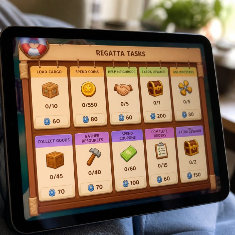 Township mobile game Regatta task board showing multiple col