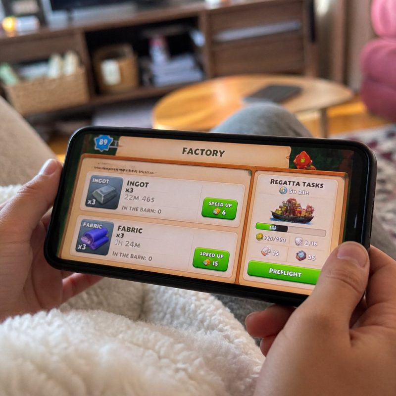 Township game factory production screen showing Ingots and F